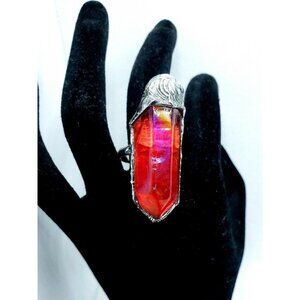 Red aura quartz crystal ring